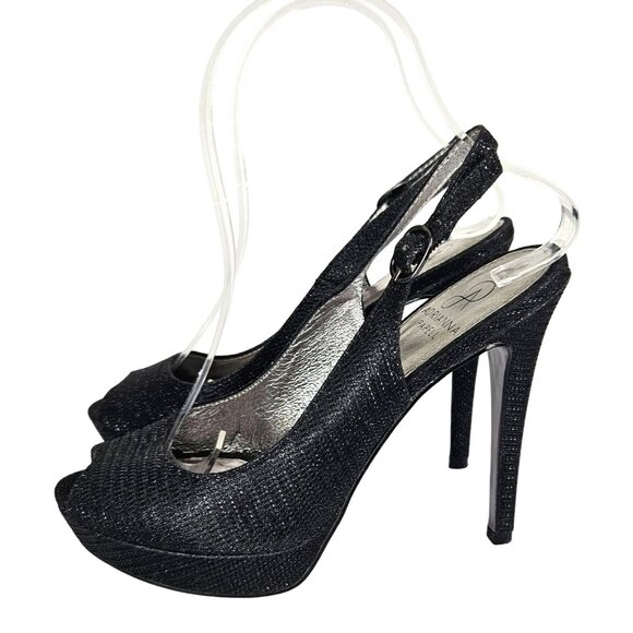 Adrianna Papell Womens Size 7 Black Glitter Peep Toe Slingback High Heels 4.5" - Picture 1 of 16